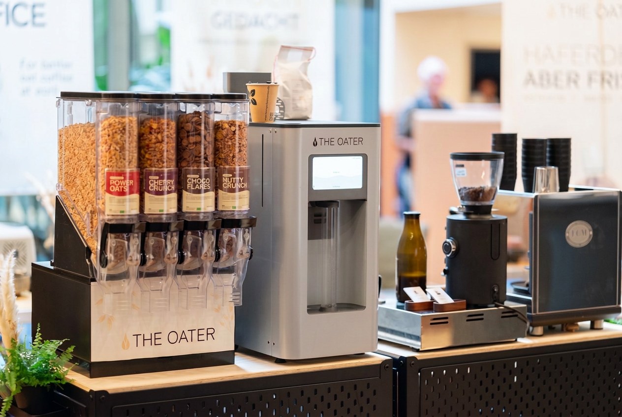 Breakfast Bar mit Müslispendern, The Oater Haferdrinkmaschine und Kaffeemühle