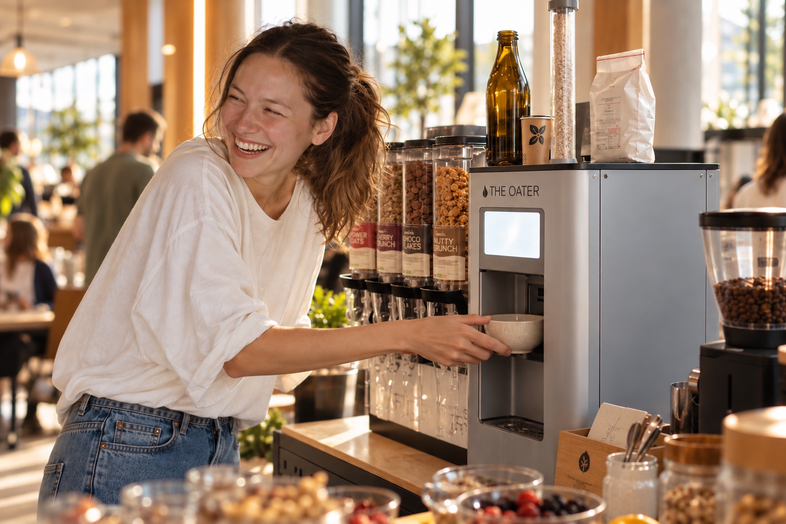 Lachende Mitarbeiterin füllt sich an der The Oater Breakfast Bar im Büro frischen Haferdrink in ihre Müslischale